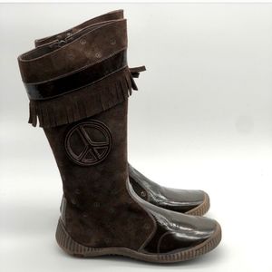 NEW Kids express brown leather fringe peace sign boots sz 3.5 youth girls shoes